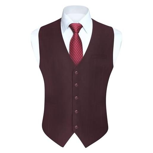 HISDERN gilet uomo elegante bordeaux formale panciotto uomo in cotone tinta unita classico gilets senza maniche da matrimonio con tasche xs