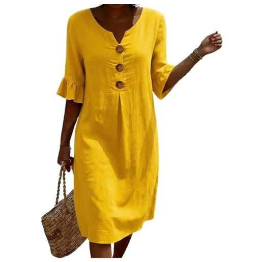 Generico abito in lino con maniche a tre quarti scollo v bottoni decorativi casual vestibilità comoda giallo s