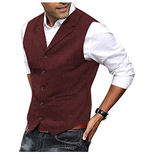 Solovedress gilet da abito da uomo elegante tweed panciotto casual smanicato risvolto dentellato per lavori di matrimonio（borgogna，xs）