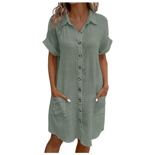 XFSRG vestito donna in lino elegante maniche corte a bottoni scollo a v estive ampio abito con tasca da casual festa cocktail