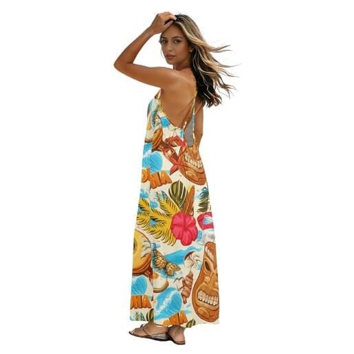 RPLIFE maxi abito da donna tropicale hawaiano tiki floreale senza schienale con spalline sottili abiti da spiaggia estivi da donna, tiki tropicale hawaiano floreale, x-large alto