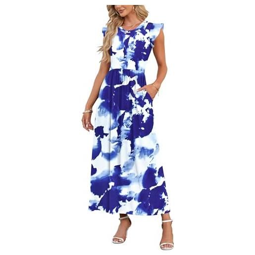 AUSELILY estate casuale collo tondo con tasche abito elegante increspature bordo maniche corte lunga del partito abito (fiore blu bianco, xl)