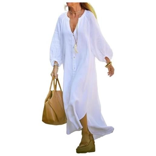 Goolecrimp abito extra lungo in lino da donna cardigan a maniche lunghe orlo con bottoni abito a camicia maniche lunghe scollo a v abiti lunghi a trapezio per vacanze al mare (bianco, l)