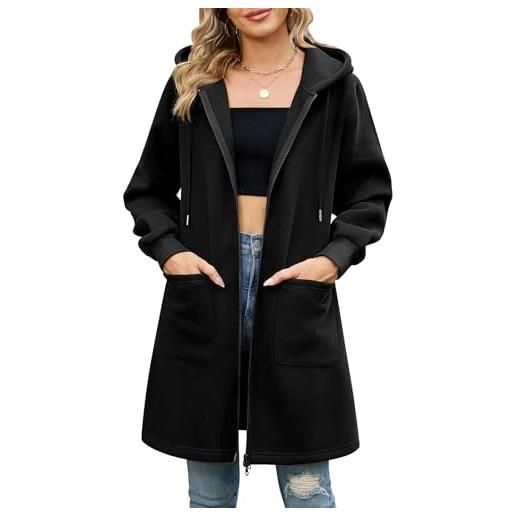 Vancavoo felpa lunga donna con cappuccio e zip bidirezionale | giacca casual con coulisse, polsini a costine e 2 tasche applicate, per primavera, autunno e ogni giorno