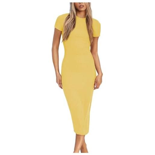 LACOZY vestito da donna estivo a maniche corte midi sexy aderente bodycon a matita abiti formali da cocktail vestito lungo, giallo, m
