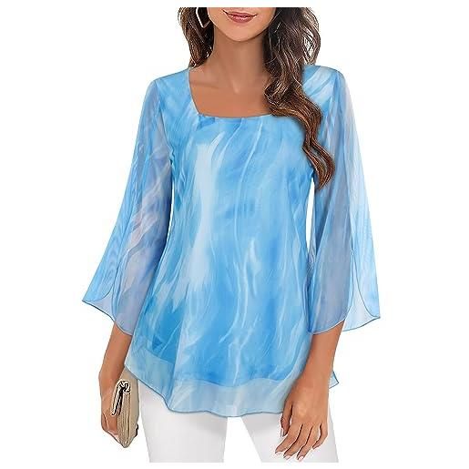 Syphiby camicette da donna a tunica con maniche a 3/4 con volant e scollo quadrato, in chiffon, a doppio strato, taglie m-3xl