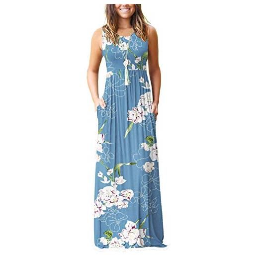 AUSELILY abito lungo senza maniche allentato senza maniche estivo tinta unita da donna abito lungo casual con tasche fiore azzurro m