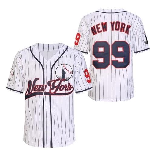 YIMCANLI maglie da baseball new york 99 cucite camicie hip hop button down abbigliamento da uomo per festa regalo di natale, bianco gessato, l