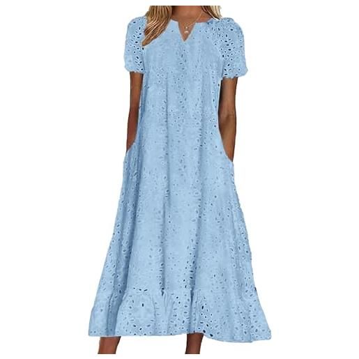 chouyatou abito estivo da donna con orlo a volant floreale in pizzo con occhielli, casual, scollo a tacca, abito midi a tunica con tasca, blu, m