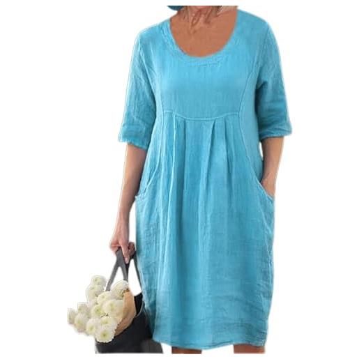 Generale women's cotton linen dress crew neck short sleeve flowy summer midi dress with pockets plus size casual beach(blue, 3xl)