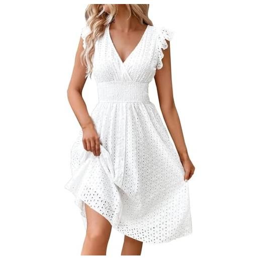 Generisch vestito midi da donna, tinta unita, con scollo a v, maniche corte e frange, sciancrato e leggero, elegante abito estivo lungo al ginocchio, sottile, alla moda per le vacanze