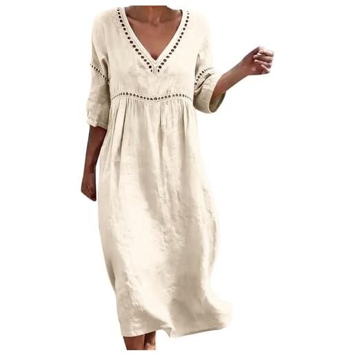 Generico abito lino donna estivo senza maniche boho chic abiti vacanza comodo taglie forti vestito lungo in cotone scollo a v largo vestiti da tinta unita morbido e traspiranti per mare spiaggia