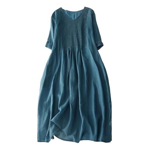 Generic vestito lungo da donna in cotone e lino estivo a vita alta con maniche a mezza lunghezza e abbottonatura a sbuffo, blu lago, xl