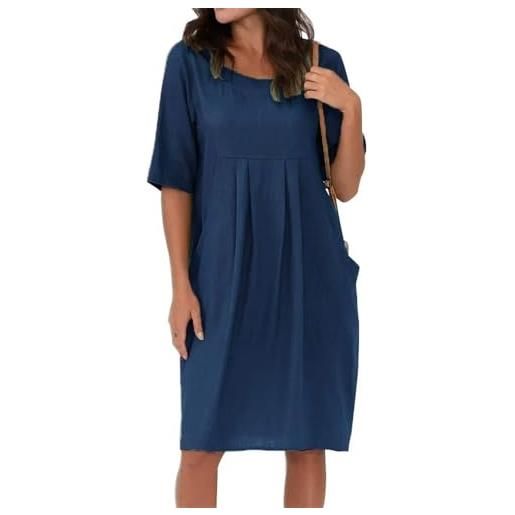 Generale women's cotton linen dress crew neck short sleeve flowy summer midi dress with pockets plus size casual beach(navy, 3xl)