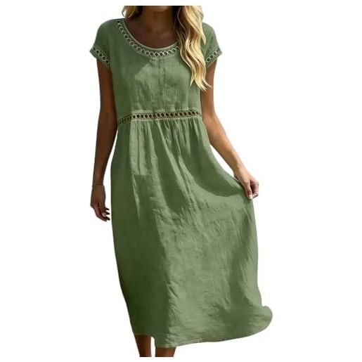 Onsoyours vestito estivo donna lungo bohémien elegante maniche corte abito in cotone lino casual chic scollo rotondo a-linea leggero e traspirante midi abiti da spiaggia vacanza a verde l