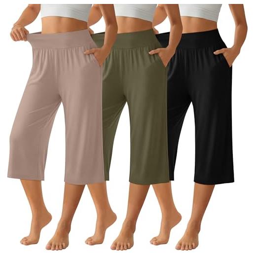 Neer confezione da 3 pantaloni capri da donna | gamba larga, vita alta, vestibilità larga, lunghezza alla caviglia, abbigliamento estivo per il tempo libero, con tasca