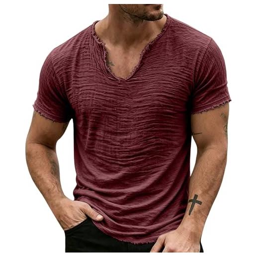 Generico maglia uomo collo a v manica corta in cotone e lino, finitura vissuta con bordi grezzi, modello ampio tinta unita perfetto per l'estate e le giornate al mare(wine, xl)