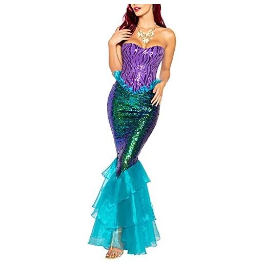 Qianderer abito da donna senza maniche aderente a coda di sirena, costume lungo da sirena per halloween, blu, xl