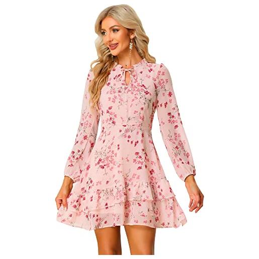 Allegra K mini abito estivo in chiffon a maniche lunghe con scollo a v a strati floreale estivo 2023 da donna, rosa, xs