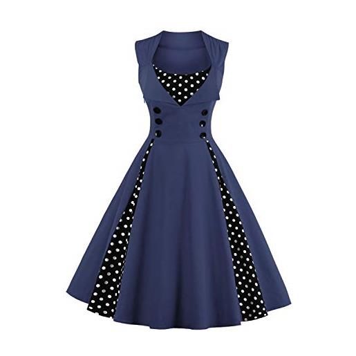 AXOE donna vestito anni 50 vintage linea a con puntini contrasto abito da cerimonia per festa cocktail matrimonio cotone elastico marina militare, taglia 50, xxl
