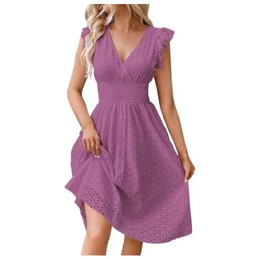 Generisch vestito midi da donna, tinta unita, con scollo a v, maniche corte e frange, sciancrato e leggero, elegante abito estivo lungo al ginocchio, sottile, alla moda per le vacanze