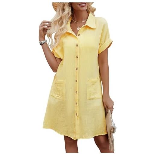 Niwicee abito estivo donna scollo a v vestito donna maniche corte cotton elegante abito da camicia con botton e tasche casual abito mare spiaggia