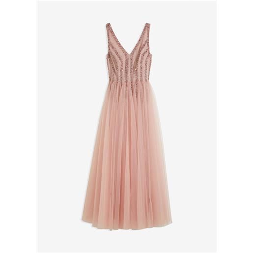 bonprix abito lungo in fine tulle con ricami e paillettes-rosa