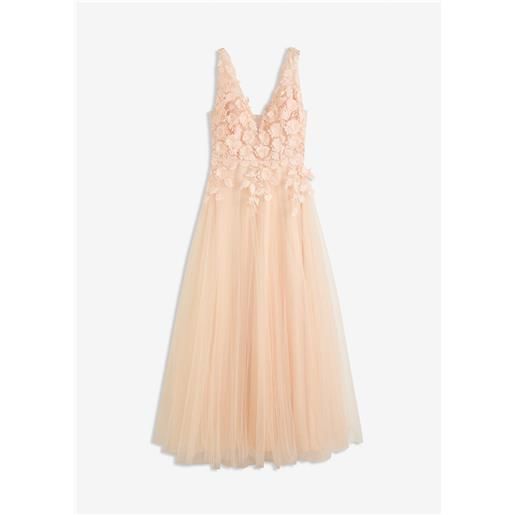 bonprix abito lungo in tulle delicato con fiori applicati-beige