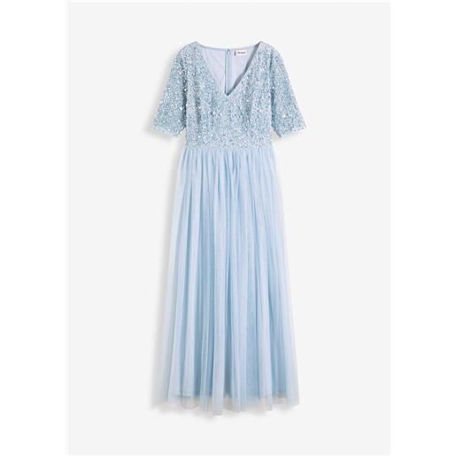 bonprix abito da sera in tulle delicato con ricamo e paillettes-blu