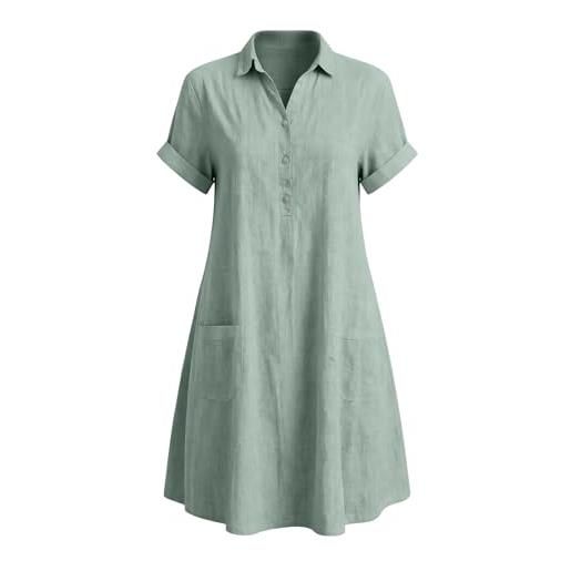 Generic vestiti da cerimonia donna - abito camicia donna in cotone lino tinta unita, colletto risvolto, bottoni metallici, manica corta, tasche frontali, vestito casual estivo ampio da mare
