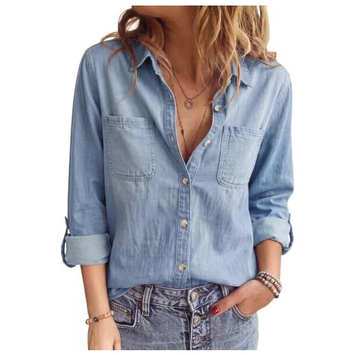 PASUDA camicia donna jeans a manica lunga casual | scollo a v camicia jeans con bottoni, basic jacket, elegante denim shirt, con tasche sul petto, primavera autunno tunica blusa