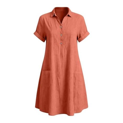 Generic vestito lungo estivo donna curvy - abito camicia donna in cotone lino tinta unita, colletto risvolto, bottoni metallici, manica corta, tasche frontali, vestito casual estivo ampio da mare