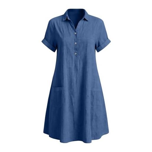 Generic maxi dress donna - abito camicia donna in cotone lino tinta unita, colletto risvolto, bottoni metallici, manica corta, tasche frontali, vestito casual estivo ampio da mare