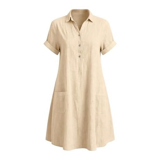 Generic vestito in lino - abito camicia donna in cotone lino tinta unita, colletto risvolto, bottoni metallici, manica corta, tasche frontali, vestito casual estivo ampio da mare