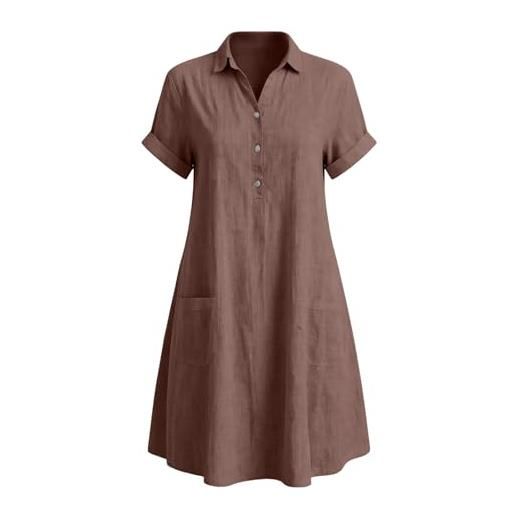 Generic abito camicia donna in cotone lino tinta unita, colletto risvolto, bottoni metallici, manica corta, tasche frontali, vestito casual estivo ampio da mare
