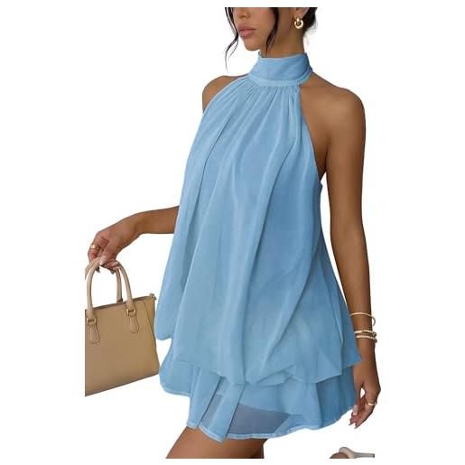 Xiaoliny vestito donna elegante senza maniche mini abito con scollo halter e volant estivo vestiti ampio in chiffon sexy abiti schiena scoperta con laccio vestito corto per festa discoteca cocktail