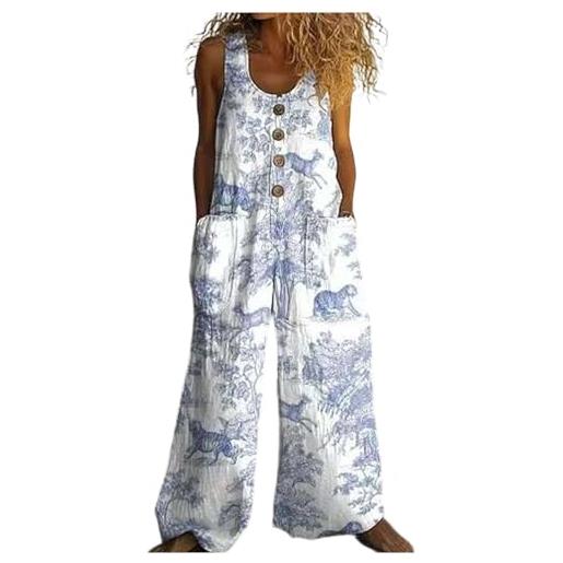 Generico salopette donna estiva lunga boho chic, tuta lino e cotone senza maniche con tasche e bottoni, jumpsuit gamba larga stampa astratta multicolore, tuta intera comoda per mare e vacanze