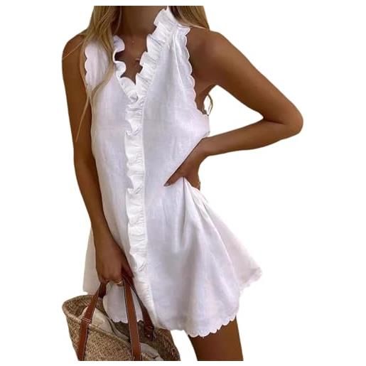 Generic mini abito da donna in cotone e lino, senza maniche, con scollo a v, con volant, taglio svasato, vestibilità ampia, prendisole per vacanze al mare