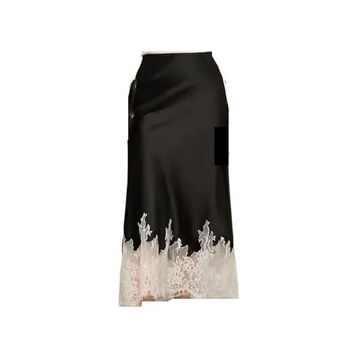 AKDJGFP gonna satin gonna lunga elegante in raso for donna, gonna lunga con orlo in pizzo patchwork, gonna da donna di temperamento(black, xxl)