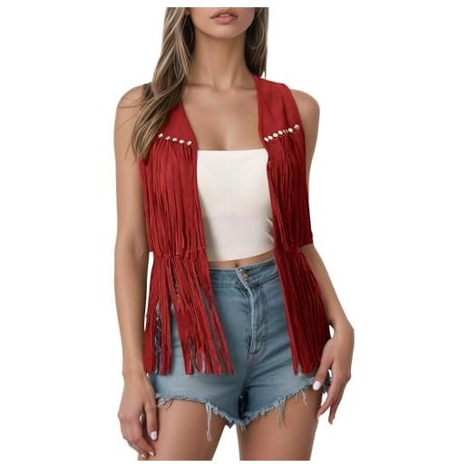 Maeau - gilet donna senza maniche faux camoscio con franges casual giacca senza bottoni stile cowboy s-xxl