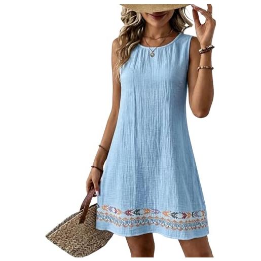 Generico vestito donna estivo lino tinte unite scollo rotondo senza maniche abbigliamento donna vestiti larghi caratteristico traspirante dress vacanze mare