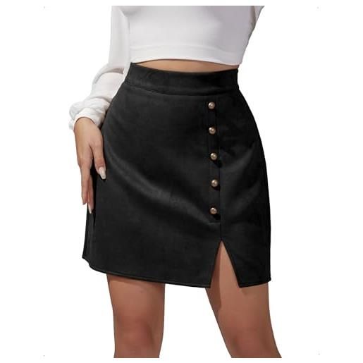 EMOTTOS gonna corta ecopelle scamosciata donna tubino sexy spacco laterale cintura vita alta mini zip e bottoni decorativi in metallo, linea a slim fit casual feste festival, s-l, nero/marrone