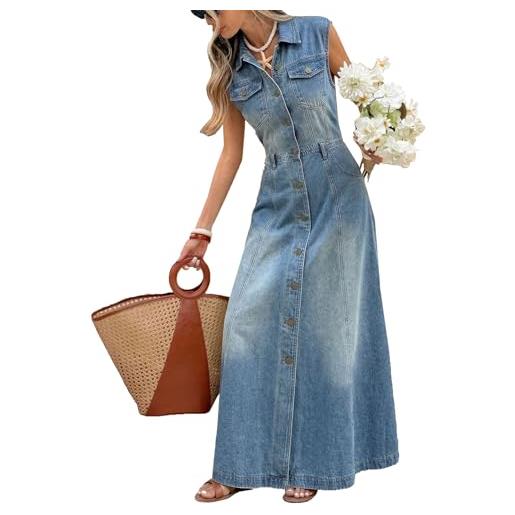 cffvdiz cffdviz vestito camicia di jeans senza maniche con bottoni da donna estate vestito lungo attillato di jeans strappato, light blue, xl