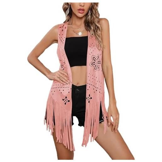 Ensswliz gilet da donna con nappine, stile anni '70, hippie, senza maniche, con rivetti, frange, apertura frontale, in finto suede, giacca, lungo cardigan western hippie, b-rosa, m