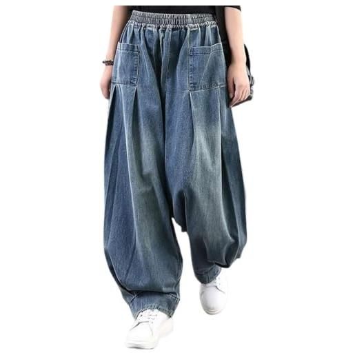 ebossy, pantaloni da donna, in denim, stile harem, con elastico in vita pieghettato, gamba larga, jeans larghi