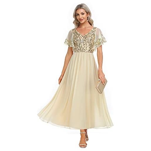 Ever-Pretty vestito da sera mamma lungo chiffon linea ad a scollo a v maniche corte chic abito da cerimonia oro 38