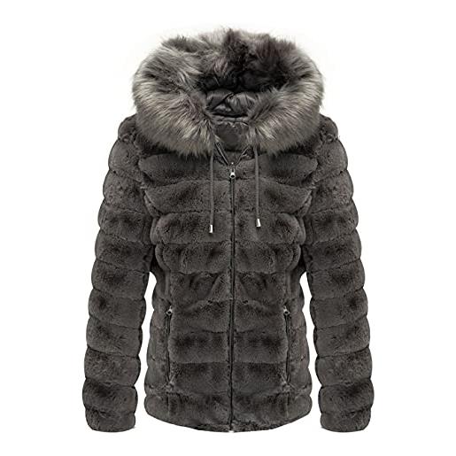 Giolshon giubbotto donna reversibile in eco pile, piumino corto invernale con cappuccio e collo in pelliccia 19225 grigio l