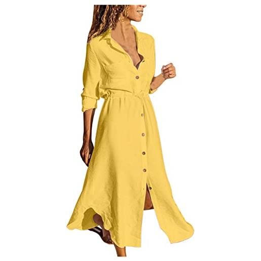 WOXIHUAN vestiti donna estivi elegante girocollo senza maniche cotone lino vestito da cocktail abito con tasca a-line vestito casual giallo l