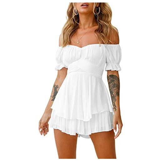 LYSINK pagliaccetto da donna a maniche corte a sbuffo a maniche corte con spalle scoperte con volant pagliaccetto una linea fluida swing abito da spiaggia estivo prendisole, ba bianco, s
