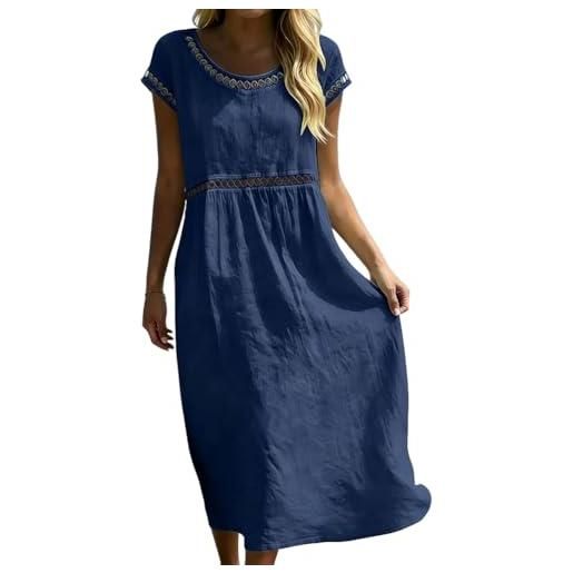 Onsoyours vestito estivo donna lungo bohémien elegante maniche corte abito in cotone lino casual chic scollo rotondo a-linea leggero e traspirante midi abiti da spiaggia vacanza a blu scuro m